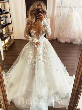 A-line Deep V-Neck Popular Long Sleeves Garden Beach Vintage Long Wedding Dresses, Bridal Gown WD437