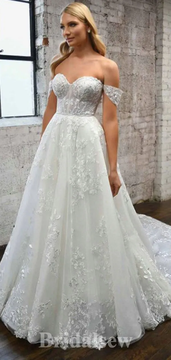 A-line Elegant Lace Best Off the Shoulder Plus Size Vintage Dream Beach Long Wedding Dresses WD526