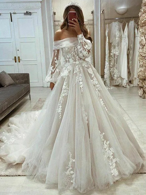 A-line Long Sleeves Tulle Fairy Vintage Garden Beach Long Wedding Dresses WD201