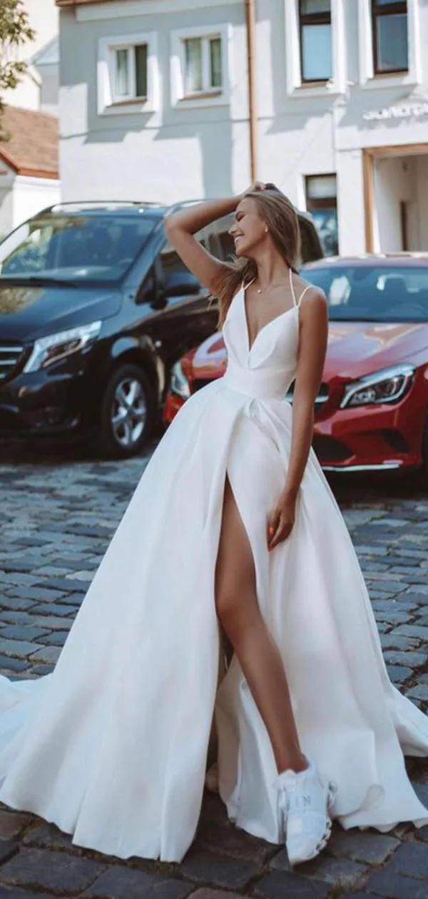 A-line Satin Side Slit Vintage Long Wedding Dresses, Bridal Gown WD066