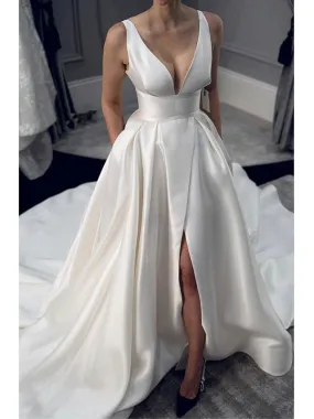 A-line Satin Simple V-Neck Elegant Vintage Elegant Beach Long Wedding Dresses WD268