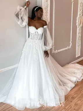 A-line Unique Design Elegant Lace Garden Beach Vintage Long Wedding Dresses, Bridal Gown WD309