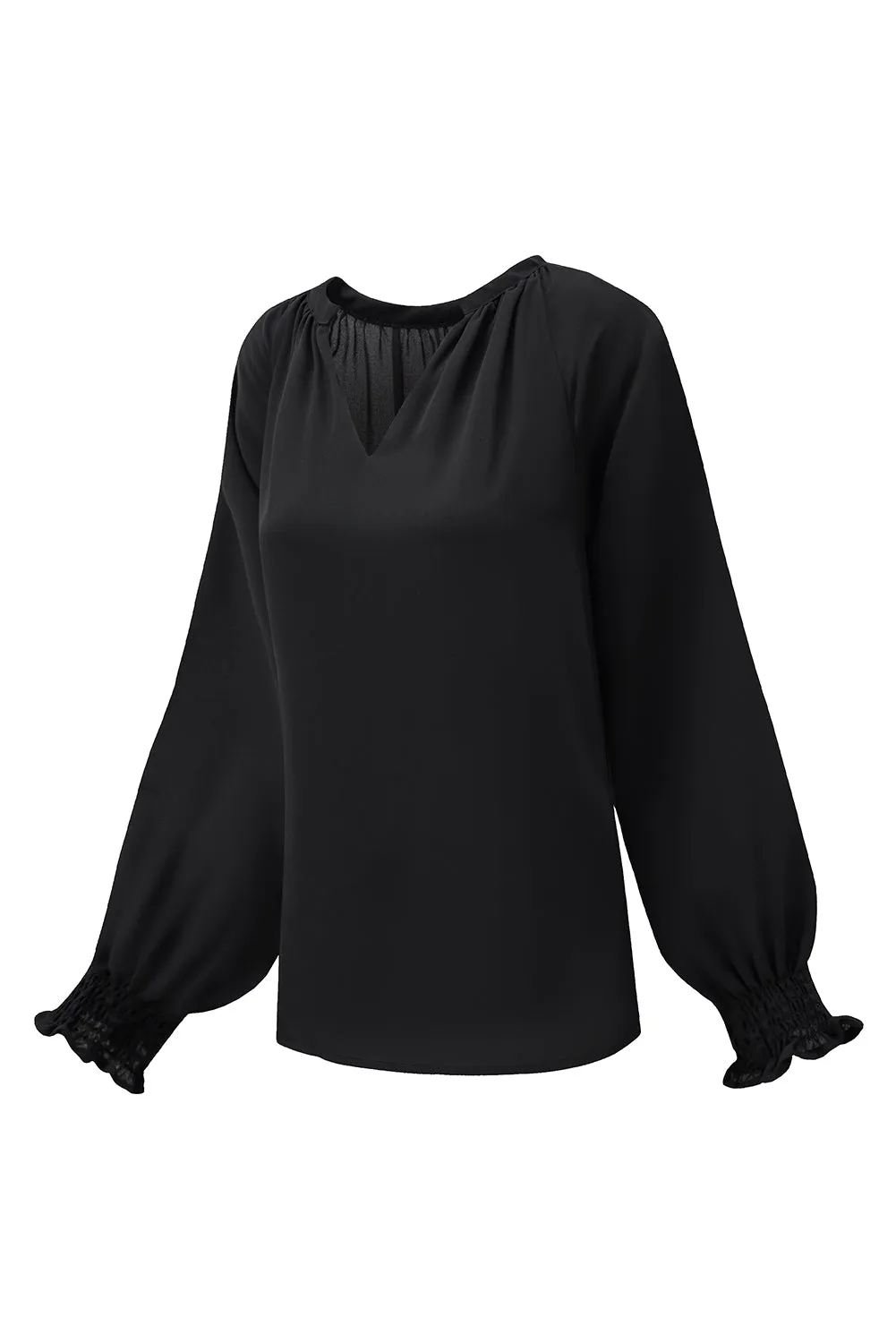 Black Pleated V Neck Puffy Sleeve Blouse