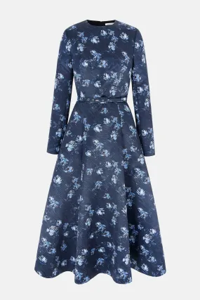 Capucine Dress In Ditsy Rose On Navy Taffeta Faille