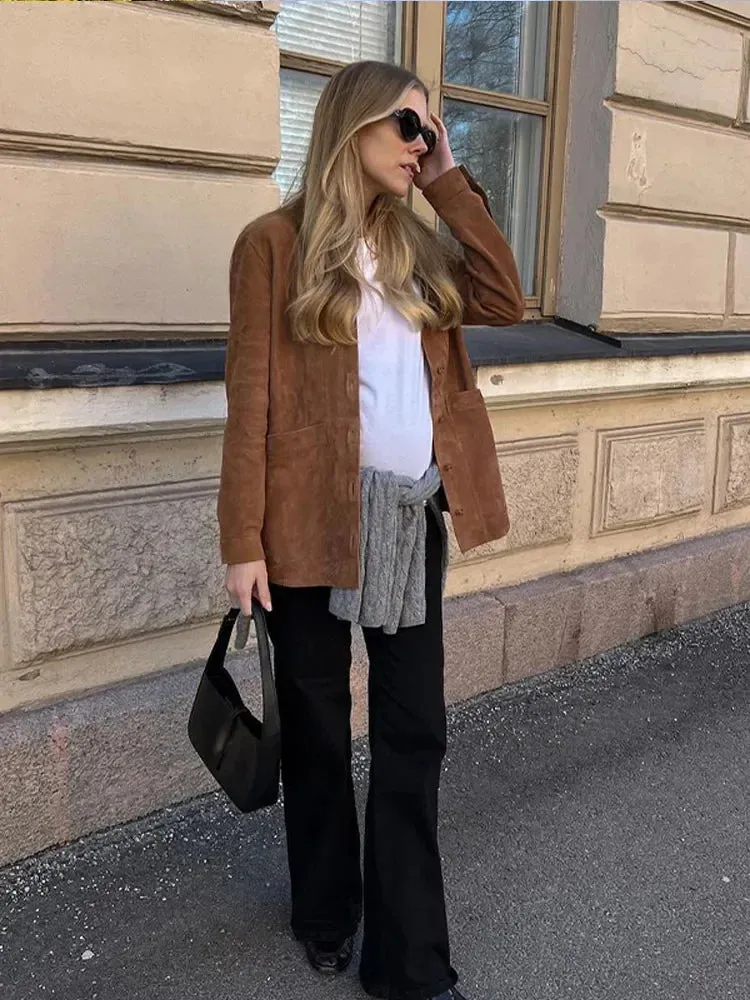 Fashion Brown Suede Shirts For Women Elegant Turn-down Collar Single Breasted Pocket Jackets Female Autumn Lady Street Outerwear