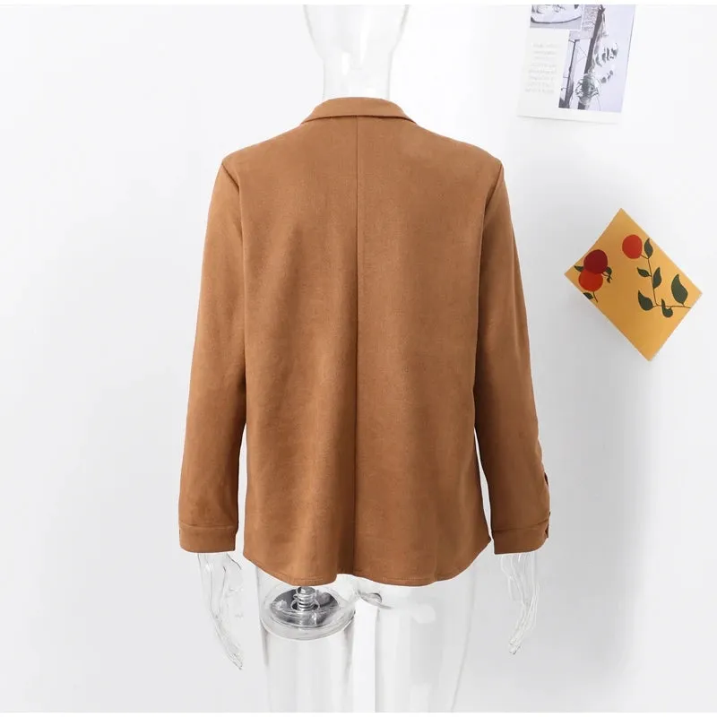 Fashion Brown Suede Shirts For Women Elegant Turn-down Collar Single Breasted Pocket Jackets Female Autumn Lady Street Outerwear