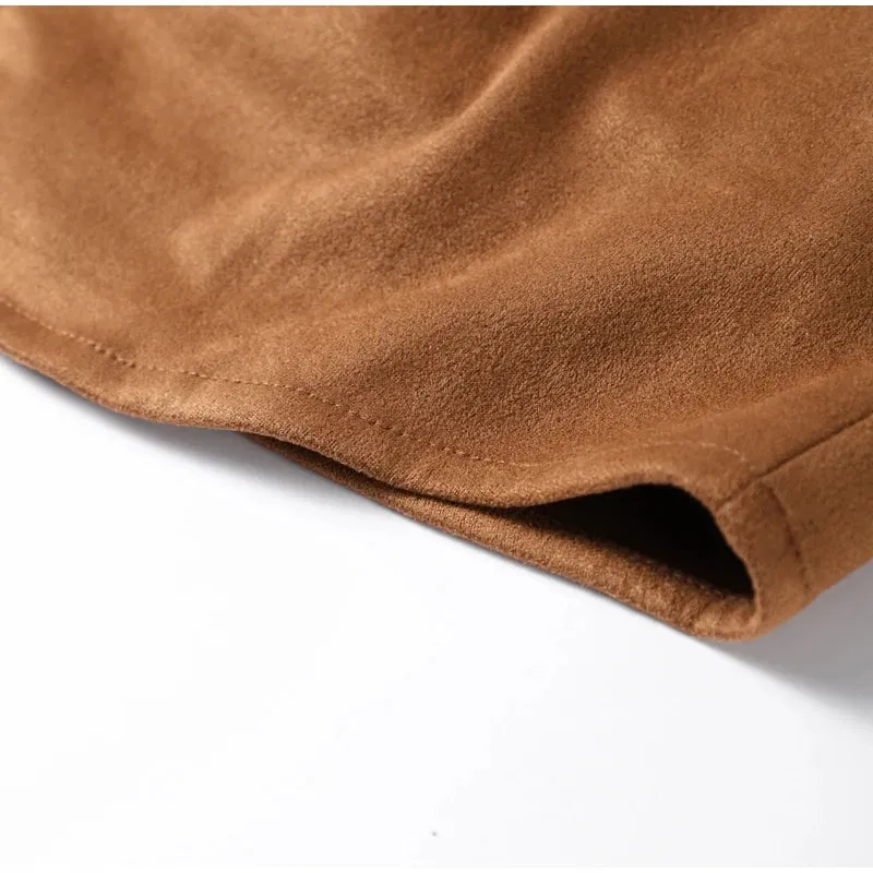 Fashion Brown Suede Shirts For Women Elegant Turn-down Collar Single Breasted Pocket Jackets Female Autumn Lady Street Outerwear