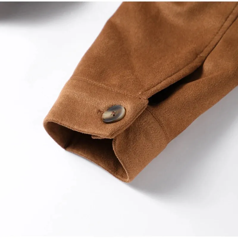 Fashion Brown Suede Shirts For Women Elegant Turn-down Collar Single Breasted Pocket Jackets Female Autumn Lady Street Outerwear