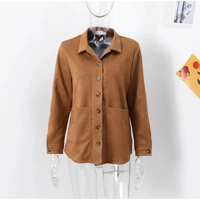 Fashion Brown Suede Shirts For Women Elegant Turn-down Collar Single Breasted Pocket Jackets Female Autumn Lady Street Outerwear