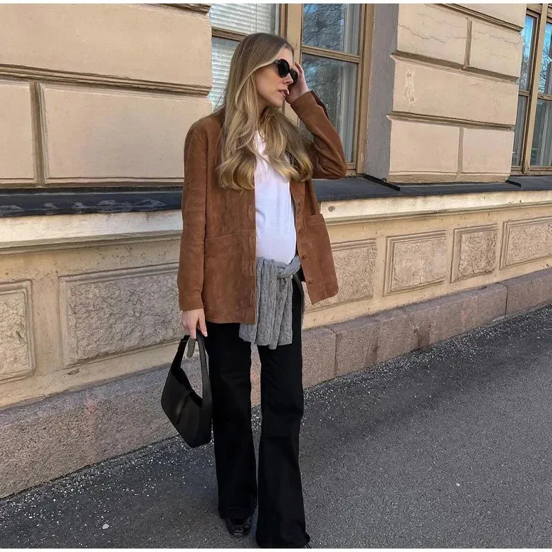 Fashion Brown Suede Shirts For Women Elegant Turn-down Collar Single Breasted Pocket Jackets Female Autumn Lady Street Outerwear