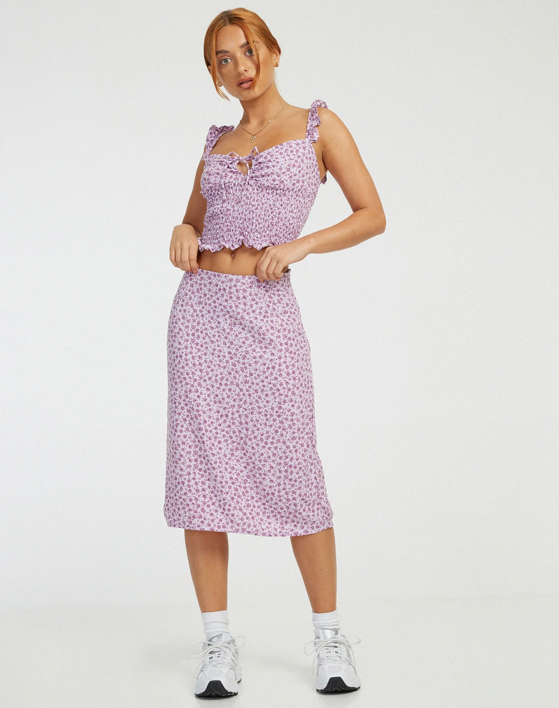 Harriet Midi Skirt in Ditsy Rose Lilac