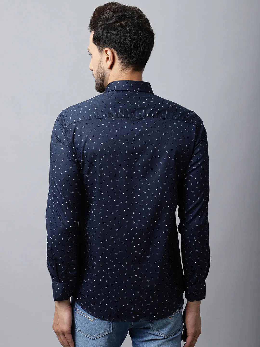 Men's Navy Blue Casual Ditsy Print Full Sleeve Shirt