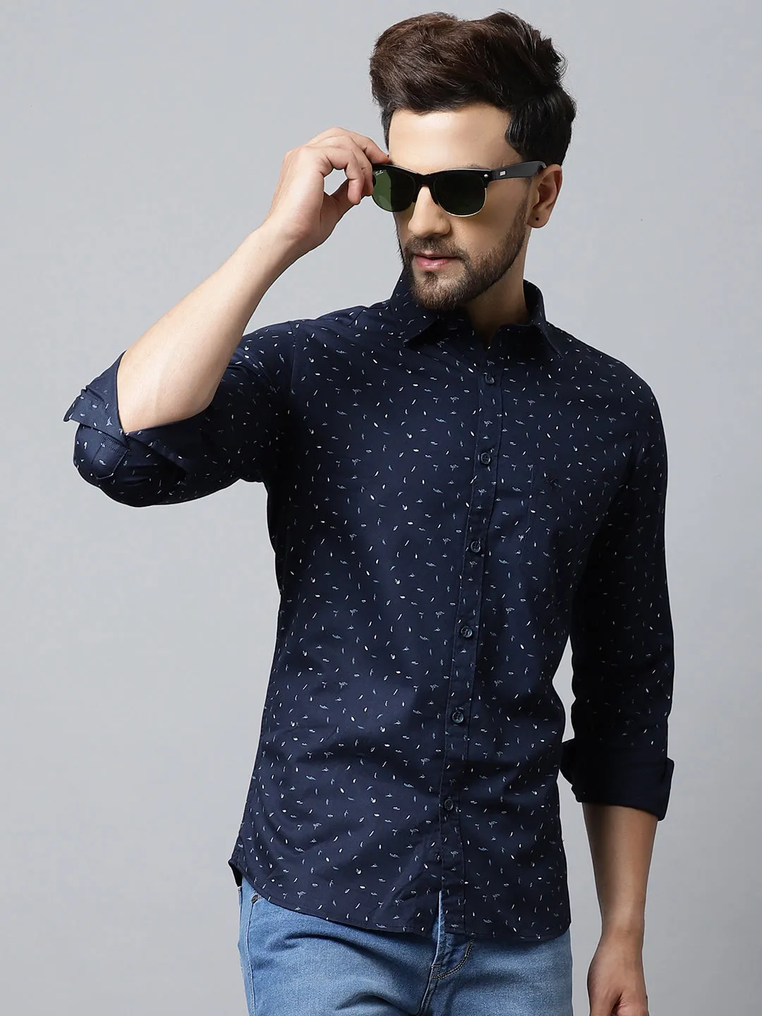 Men's Navy Blue Casual Ditsy Print Full Sleeve Shirt