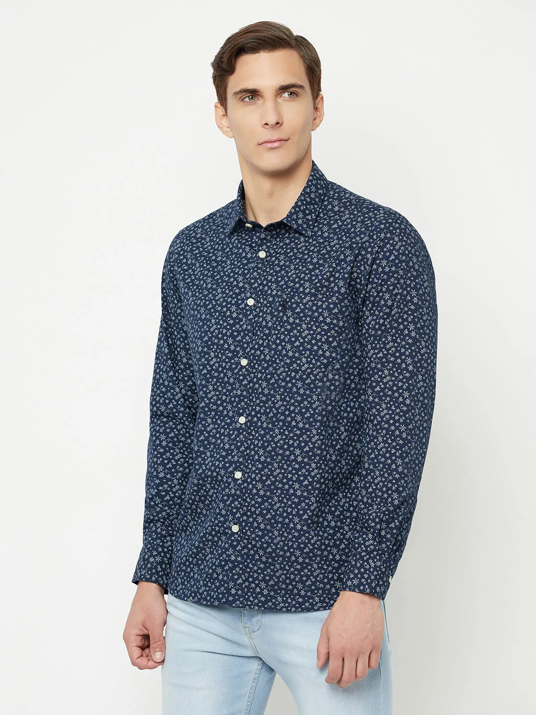 Men's Navy Blue Casual Floral Ditsy Print Full Sleeve Shirt