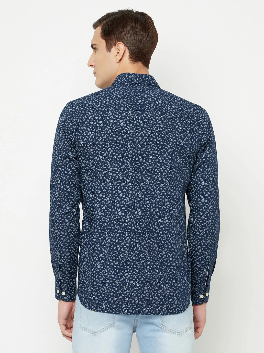 Men's Navy Blue Casual Floral Ditsy Print Full Sleeve Shirt