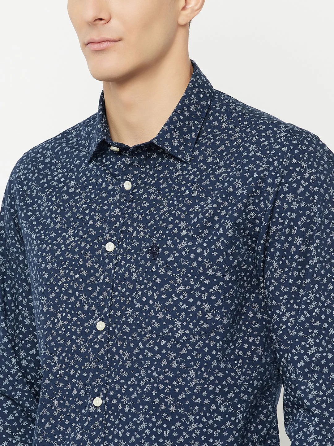 Men's Navy Blue Casual Floral Ditsy Print Full Sleeve Shirt