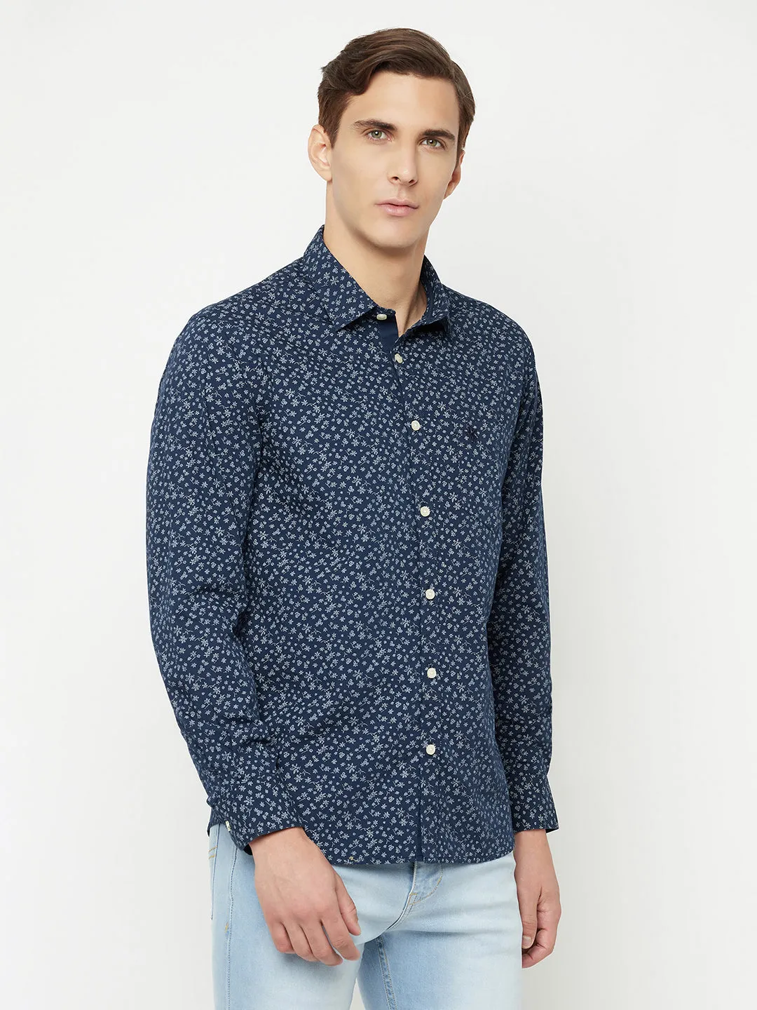 Men's Navy Blue Casual Floral Ditsy Print Full Sleeve Shirt