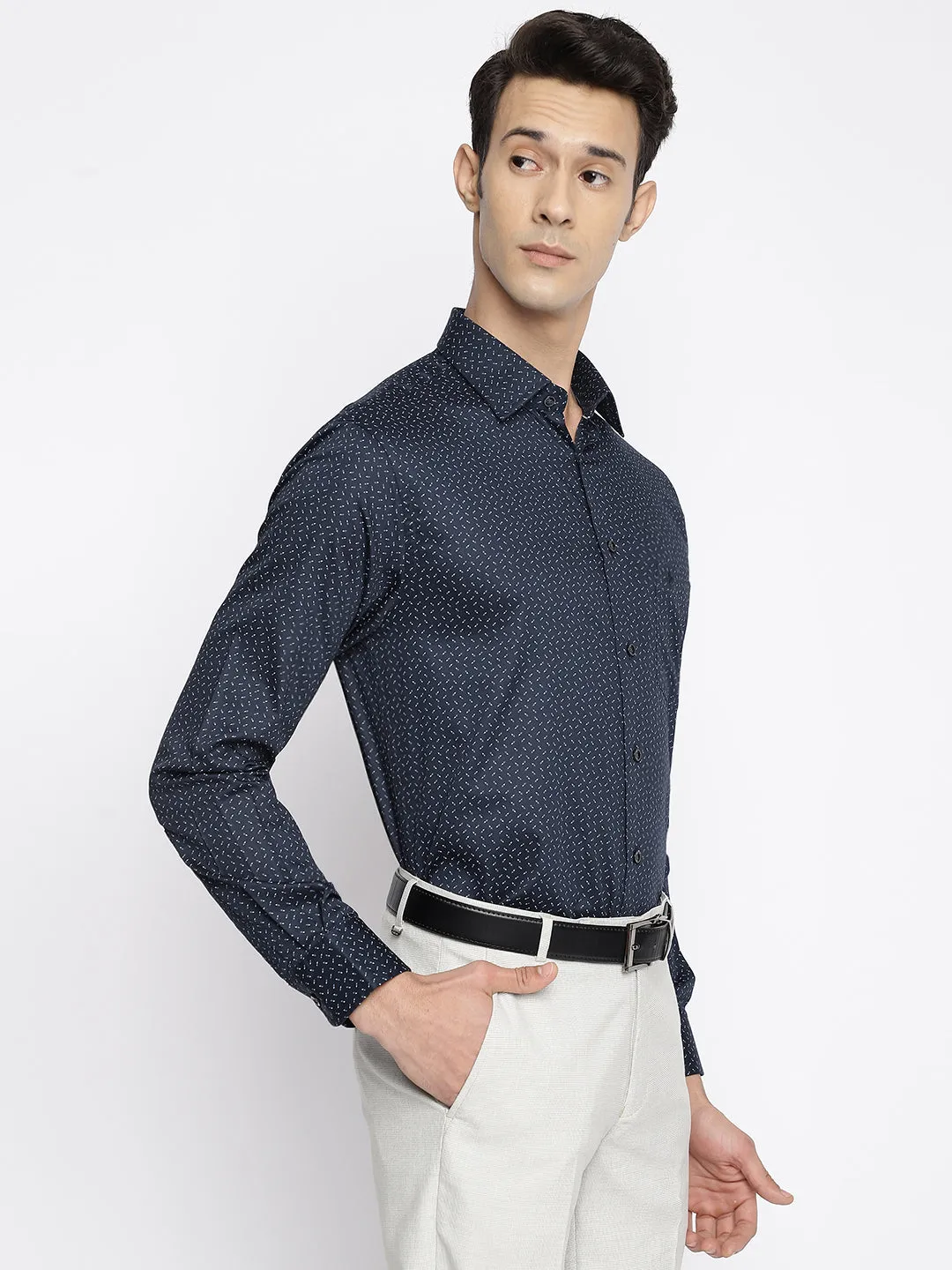 Men's Navy Blue Formal Ditsy Print Full Sleeve Shirt