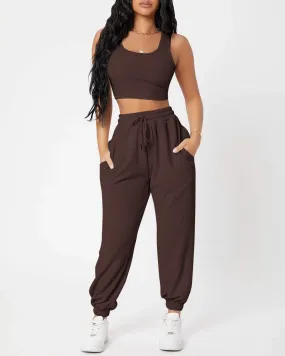 Set Of Two :Corset Style Top & Jogger In Chocolate Fonde