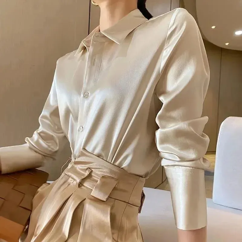 Summer Trend Fashion Women's Casual Elegant Satin Long Sleeved Shirt Office Women's Shirts And Blouses Slim Femal Clothes