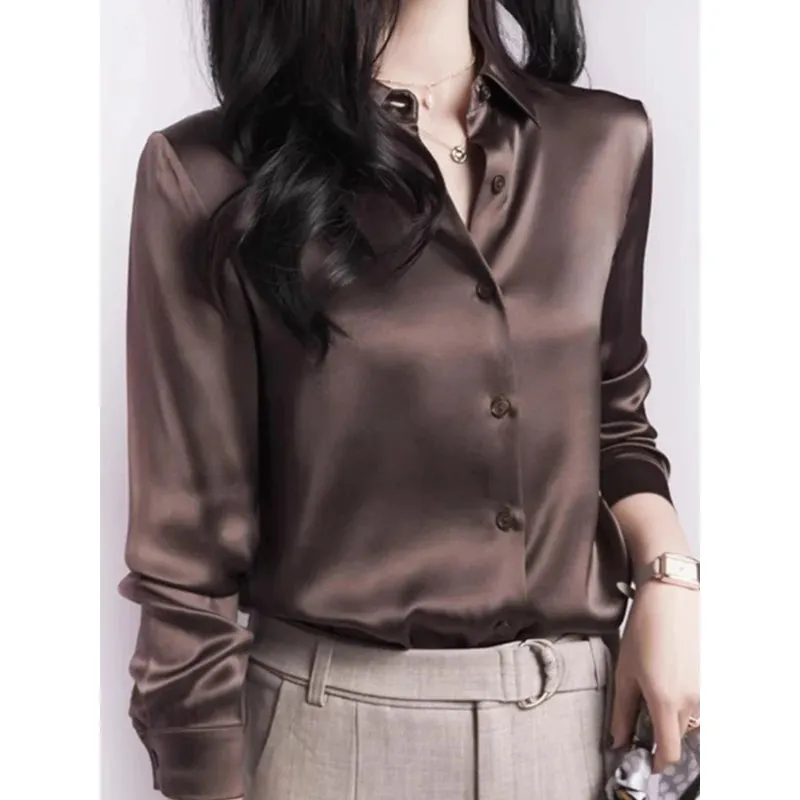 Summer Trend Fashion Women's Casual Elegant Satin Long Sleeved Shirt Office Women's Shirts And Blouses Slim Femal Clothes