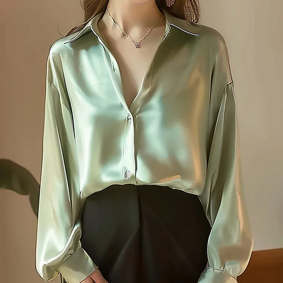 Summer Trend Fashion Women's Casual Elegant Satin Long Sleeved Shirt Office Women's Shirts And Blouses Slim Femal Clothes