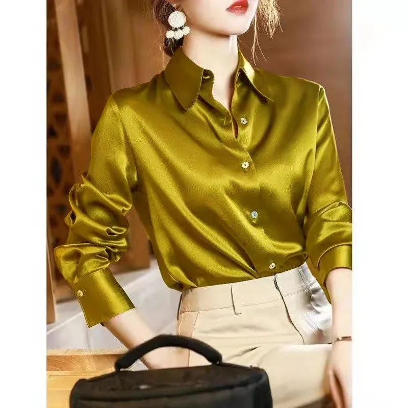 Summer Trend Fashion Women's Casual Elegant Satin Long Sleeved Shirt Office Women's Shirts And Blouses Slim Femal Clothes