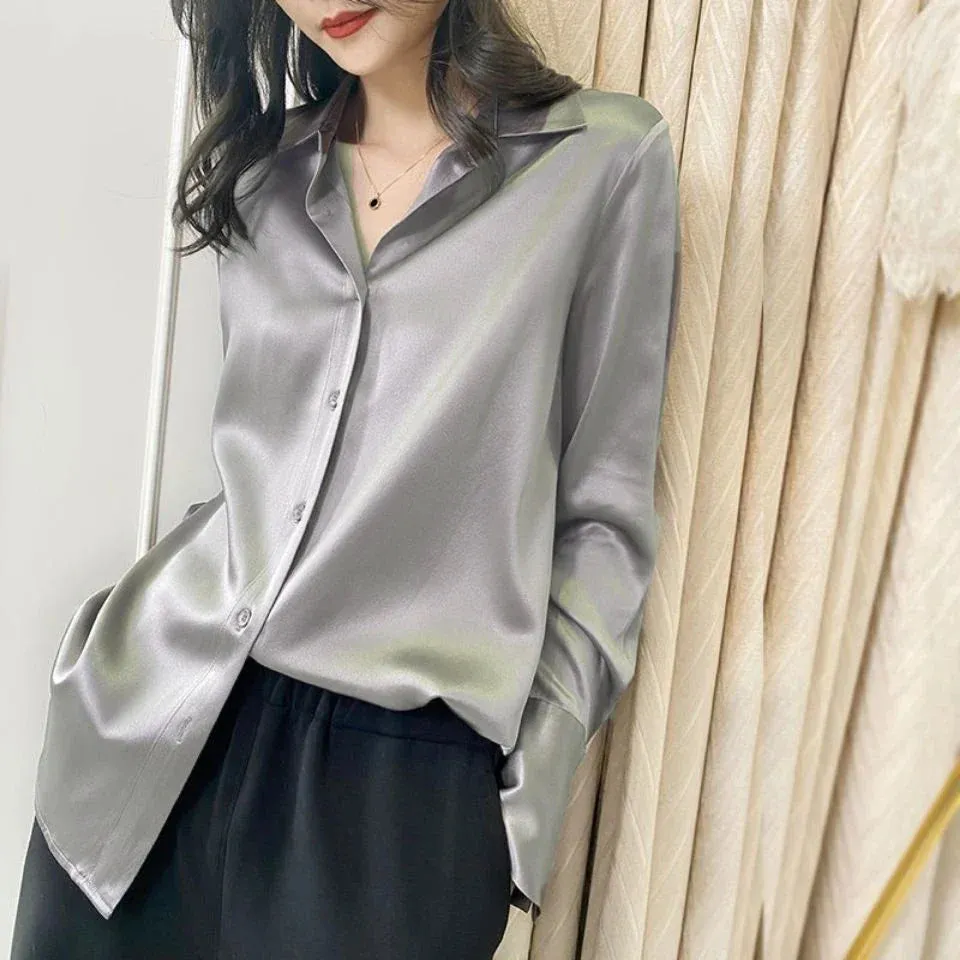 Summer Trend Fashion Women's Casual Elegant Satin Long Sleeved Shirt Office Women's Shirts And Blouses Slim Femal Clothes