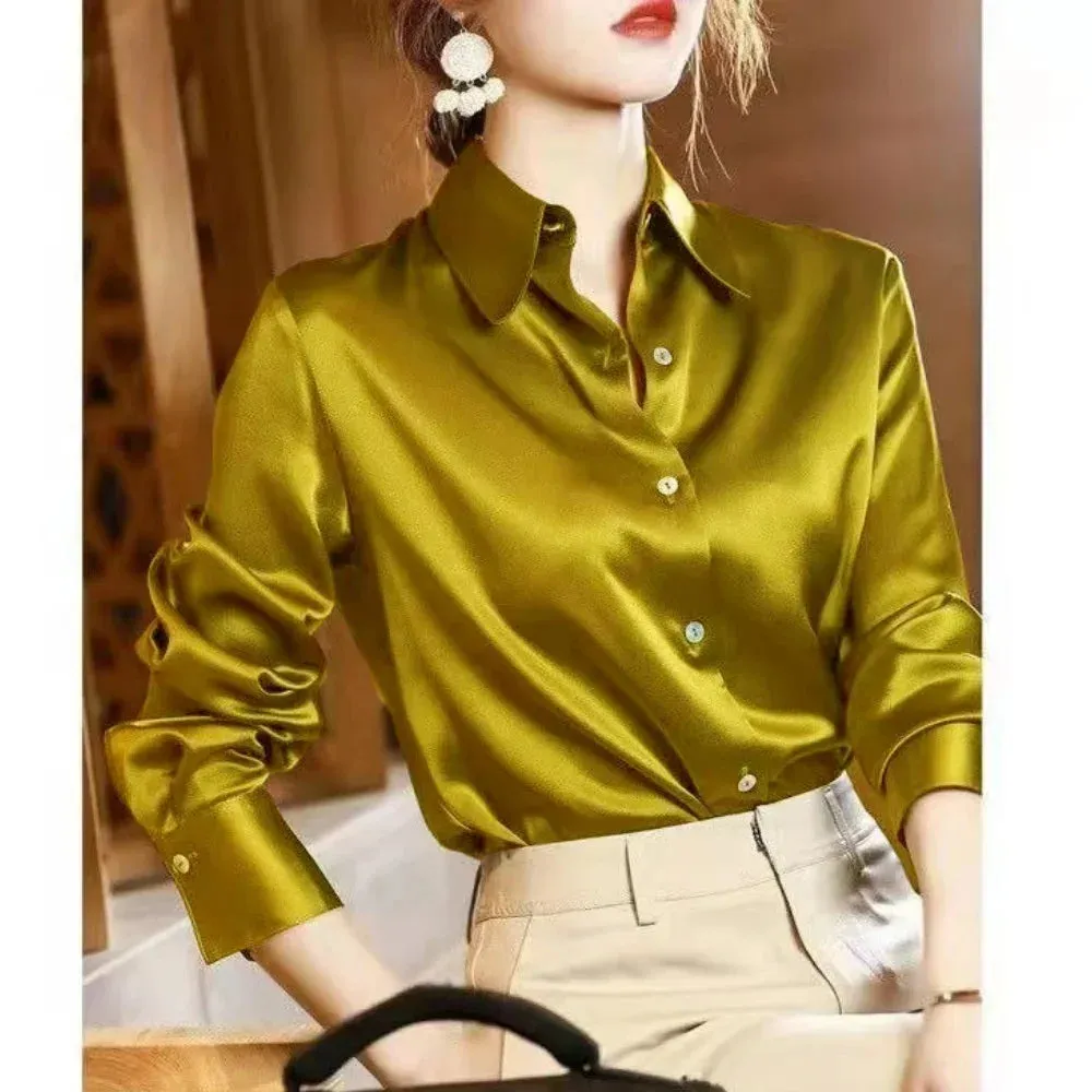 Summer Trend Fashion Women's Casual Elegant Satin Long Sleeved Shirt Office Women's Shirts And Blouses Slim Femal Clothes