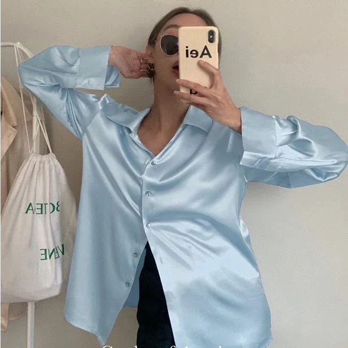 Summer Trend Fashion Women's Casual Elegant Satin Long Sleeved Shirt Office Women's Shirts And Blouses Slim Femal Clothes