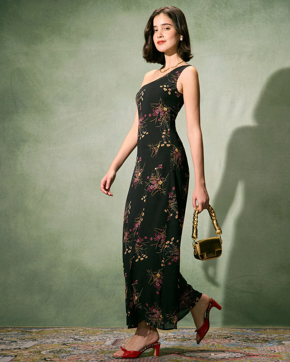 The Black One-Shoulder Floral Slit Maxi Dress