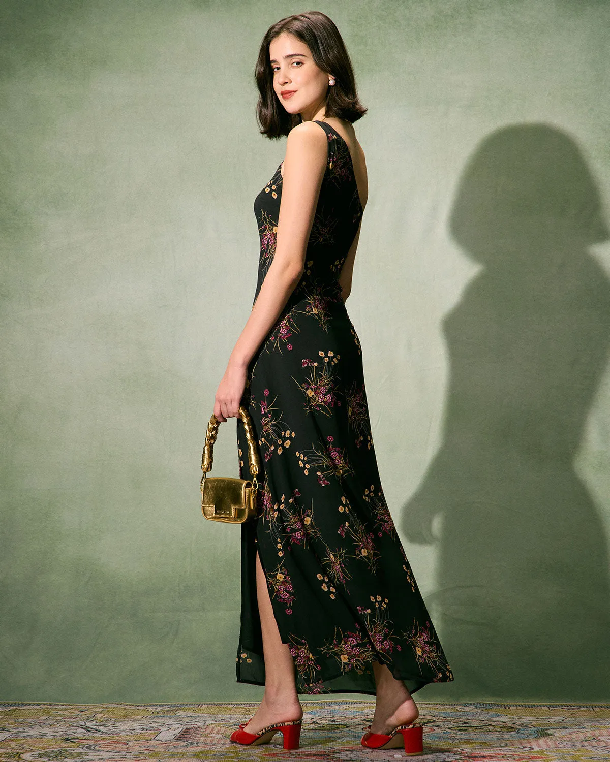 The Black One-Shoulder Floral Slit Maxi Dress