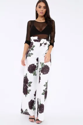 White and Black Floral Paper Bag Tie Waist Wide Leg Trousers - Kennedy